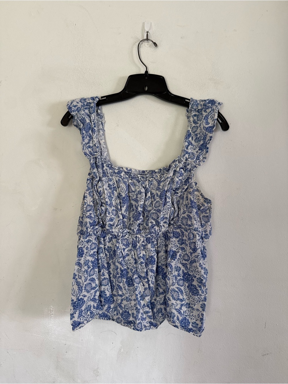 Old Navy Womens Blue White Paisley Print Ruffle Boho Floral Top Blouse, Size L